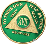 AA Medallion Green Gold Plated Year 1 - 65 Alcoholics Anonymous Chip - RecoveryChip