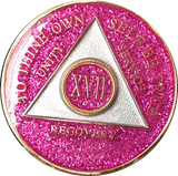 AA Medallion Pink Glitter Tri-Plate Sobriety Chip Year 1 - 45 - RecoveryChip