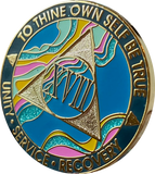 17 Year AA Medallion Elegant Tahiti Teal Blue and Pink Marble Gold Sobriety Chip