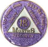 18 Month AA Medallion Purple Glitter Tri-Plate Sobriety Chip - RecoveryChip