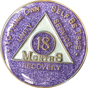18 Month AA Medallion Purple Glitter Tri-Plate Sobriety Chip - RecoveryChip