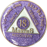 18 Month AA Medallion Purple Glitter Tri-Plate Sobriety Chip - RecoveryChip