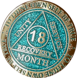 1 2 3 6 9 or 18 Month AA Medallion Reflex Aqua Glitter Gold Plated Sobriety Chip