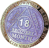 1 2 3 6 9 or 18 Month AA Medallion Reflex Purple Lavender Glitter Gold Plated Sobriety Chip