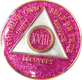AA Medallion Pink Glitter Tri-Plate Sobriety Chip Year 1 - 45 - RecoveryChip