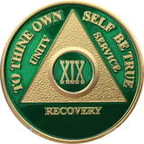 AA Medallion Green Gold Plated Year 1 - 65 Alcoholics Anonymous Chip - RecoveryChip