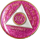 AA Medallion Pink Glitter Tri-Plate Sobriety Chip Year 1 - 45 - RecoveryChip