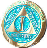 1 - 10 Year AA Medallion Elegant Glitter Aqua Turquoise Gold & Silver Plated Sobriety Chip - RecoveryChip