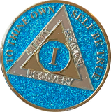 1 Year AA Medallion Aruba Blue Glitter Tri-Plate Sobriety Chip