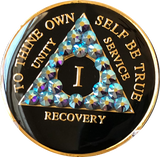 Light Amethyst AB Swarovski Crystal AA Medallion Black Tri-Plate Sobriety Chip Year 1 - 50 - RecoveryChip