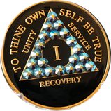 Light Amethyst AB Swarovski Crystal AA Medallion Black Tri-Plate Sobriety Chip Year 1 - 50 - RecoveryChip