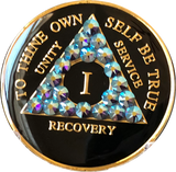 Light Amethyst AB Swarovski Crystal AA Medallion Black Tri-Plate Sobriety Chip Year 1 - 50 - RecoveryChip