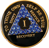Blue Sapphire Swarovski Crystal AA Medallion Black Tri-Plate Sobriety Chip Year 1 - 50 - RecoveryChip