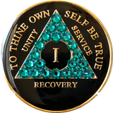 Blue Zircon Swarovski Crystal AA Medallion Black Tri-Plate Sobriety Chip Year 1 - 50 - RecoveryChip