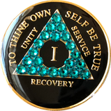 Blue Zircon Swarovski Crystal AA Medallion Black Tri-Plate Sobriety Chip Year 1 - 50 - RecoveryChip