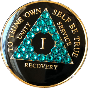 Crystallized AA Medallion Black Blue Zircon Tri-Plate Sobriety Chip Year 1 - 50 - RecoveryChip