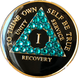Crystallized AA Medallion Black Blue Zircon Tri-Plate Sobriety Chip Year 1 - 50 - RecoveryChip