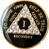 Swarovski Crystal AA Medallion Black Tri-Plate Sobriety Chip Year 1 - 50 - RecoveryChip