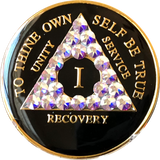 Amethyst Swarovski Crystal AA Medallion Black Tri-Plate Sobriety Chip Year 1 - 50 - RecoveryChip