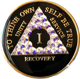 Amethyst Swarovski Crystal AA Medallion Black Tri-Plate Sobriety Chip Year 1 - 50 - RecoveryChip
