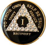 Swarovski Crystal AA Medallion Black Tri-Plate Sobriety Chip Year 1 - 50 - RecoveryChip