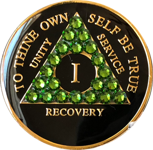 Fern Green Swarovski Crystal AA Medallion Black Tri-Plate Sobriety Chip Year 1 - 50 - RecoveryChip