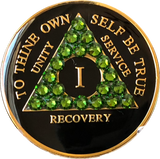 Fern Green Swarovski Crystal AA Medallion Black Tri-Plate Sobriety Chip Year 1 - 50 - RecoveryChip