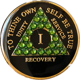 Fern Green Swarovski Crystal AA Medallion Black Tri-Plate Sobriety Chip Year 1 - 50 - RecoveryChip