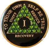 Fern Green Swarovski Crystal AA Medallion Black Tri-Plate Sobriety Chip Year 1 - 50 - RecoveryChip
