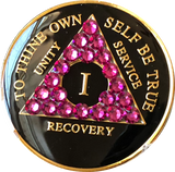 Pink Fuschia Swarovski Crystal AA Medallion Black Tri-Plate Sobriety Chip Year 1 - 50 - RecoveryChip