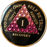 AA Medallion Black Pink Transition Crystal Tri-Plate Sobriety Chip Year 1 - 50 - RecoveryChip