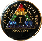 Crystallized AA Medallion Black Rainbow Crystal Tri-Plate Sobriety Chip Year 1 - 50 - RecoveryChip