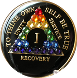 Crystallized AA Medallion Black Rainbow Crystal Tri-Plate Sobriety Chip Year 1 - 50 - RecoveryChip