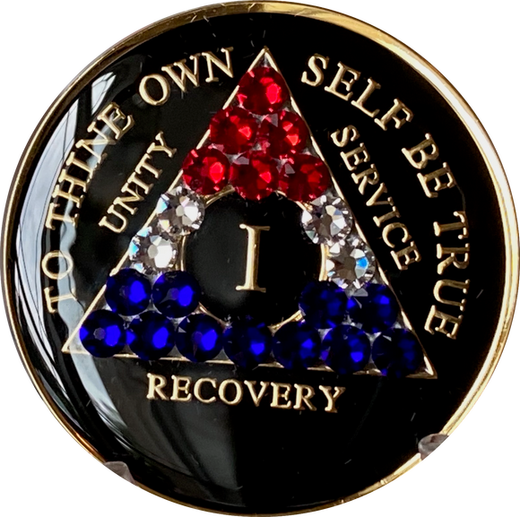 1 - 50 Year AA Medallion Black Tri-Plate With Red White Blue Swarovski Crystals American Patriotic Veteran Theme