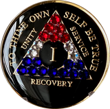 1 - 50 Year AA Medallion Black Tri-Plate With Red White Blue Swarovski Crystals American Patriotic Veteran Theme