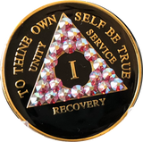 Rose Swarovski Crystal AA Medallion Black Tri-Plate Sobriety Chip Year 1 - 50 - RecoveryChip