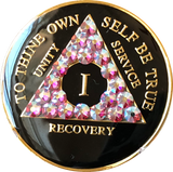 Rose Swarovski Crystal AA Medallion Black Tri-Plate Sobriety Chip Year 1 - 50 - RecoveryChip