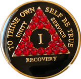 Siam Red Swarovski Crystal AA Medallion Black Tri-Plate Sobriety Chip Year 1 - 50 - RecoveryChip