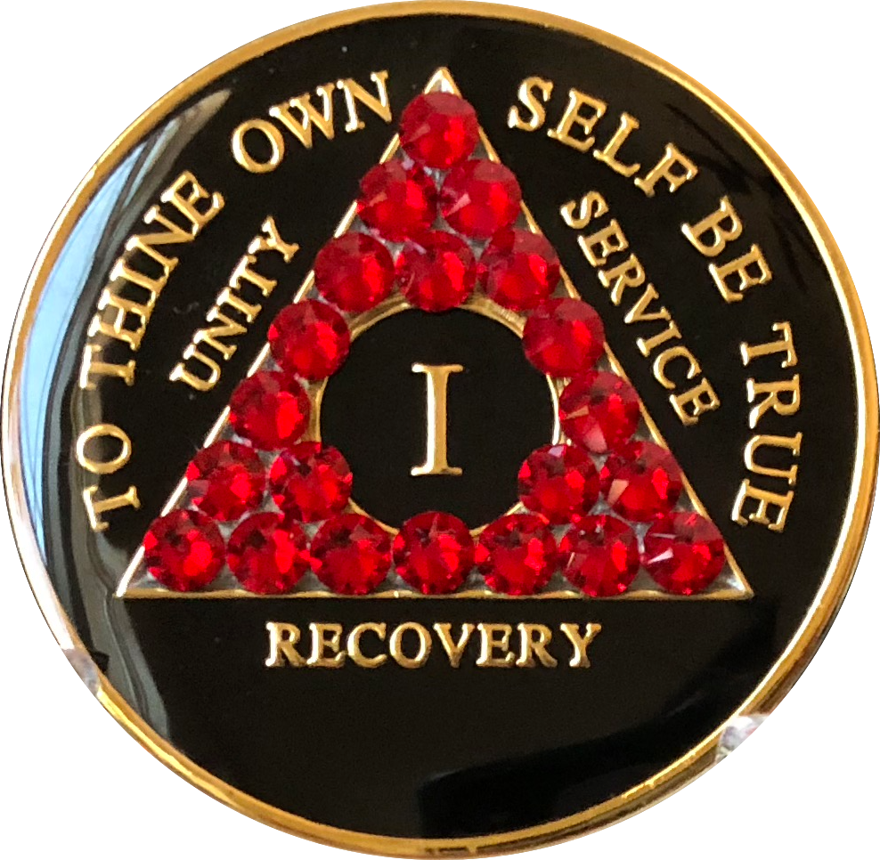 RecoveryChip 1 - 51 Year Elegant Black Gold AA Medallion & Silicone Keychain Holder 42 Year