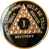 Colorado Topaz Swarovski Crystal AA Medallion Black Tri-Plate Sobriety Chip Year 1 - 50 - RecoveryChip