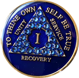Crystallized AA Medallion Sapphire Blue Tri-Plate Sobriety Chip Year 1 - 50 - RecoveryChip
