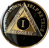 1 Year AA Medallion Classic Black Tri-Plate Sobriety Chip