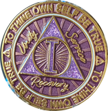 1 Year AA Medallion Cosmic Purple Glitter Gold Plated Sobriety Chip