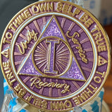 1 Year AA Medallion Cosmic Purple Glitter Gold Plated Sobriety Chip