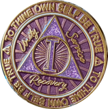 1 Year AA Medallion Cosmic Purple Glitter Gold Plated Sobriety Chip