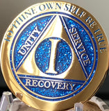 1 Year AA Medallion Elegant Glitter Blue Gold & Silver Plated Sobriety Chip - RecoveryChip