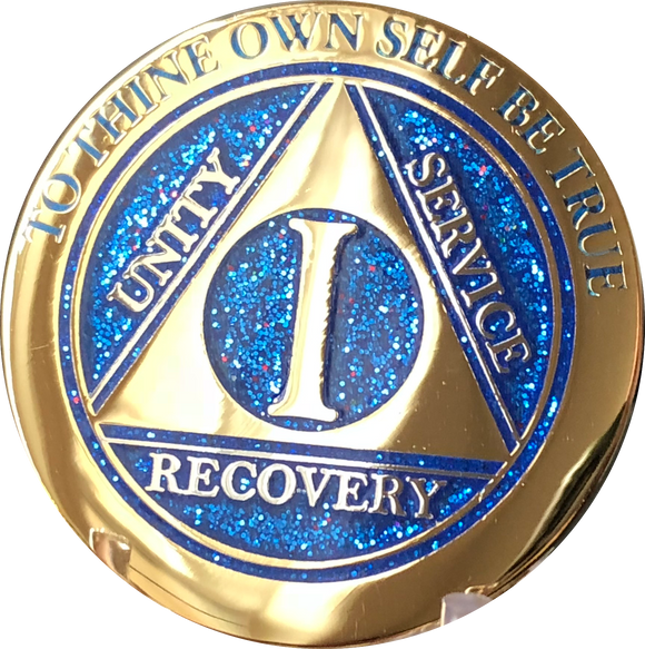 1 Year AA Medallion Elegant Glitter Blue Gold & Silver Plated Sobriety Chip - RecoveryChip