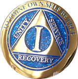 1 Year AA Medallion Elegant Glitter Blue Gold & Silver Plated Sobriety Chip - RecoveryChip