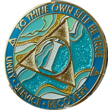 1 - 46 Year AA Medallion Elegant Caribbean Aqua Glitter Teal Marble Gold Sobriety Chip