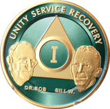 AA Founders Green Gold Plated Chip Alcoholics Anonymous Medallion  Any Year 1 - 65 - RecoveryChip
